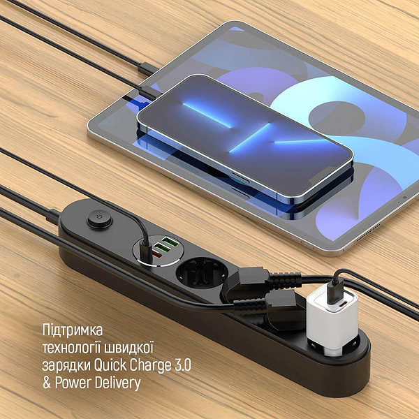 Фото - Сетевой фильтр Colorway 4 роз. Type-C PD20W + 3xUSB QC3.0 Black 2m (CW-CHE44PDB)