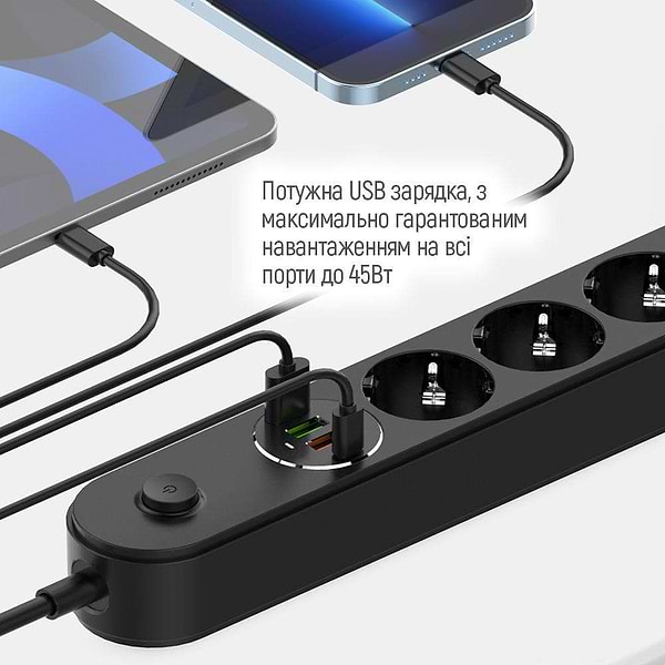 Фото - Сетевой фильтр Colorway 4 роз. Type-C PD20W + 3xUSB QC3.0 Black 2m (CW-CHE44PDB)