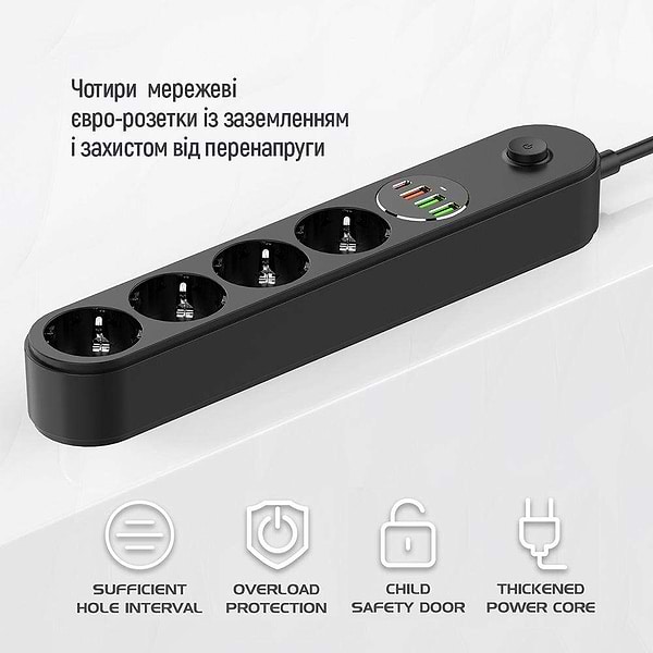 Фото - Сетевой фильтр Colorway 4 роз. Type-C PD20W + 3xUSB QC3.0 Black 2m (CW-CHE44PDB)