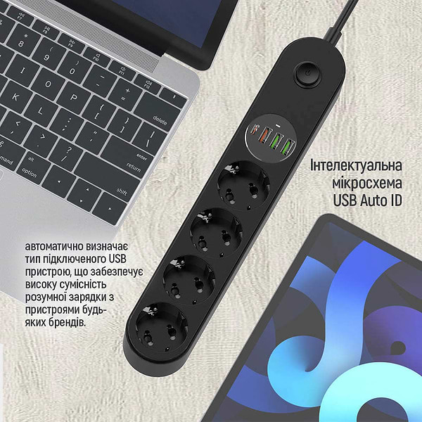 Фото - Сетевой фильтр Colorway 4 роз. Type-C PD20W + 3xUSB QC3.0 Black 2m (CW-CHE44PDB)