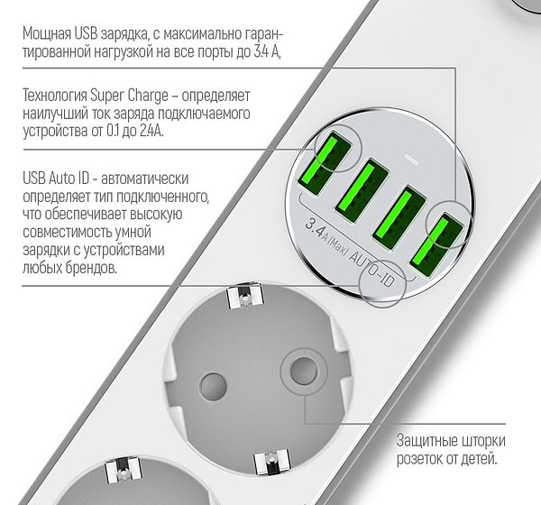Фото - Сетевой фильтр Colorway 4 розетки/4 USB white (CW-CHE44W)