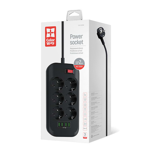 Фото - Сетевой фильтр Colorway 6 розеток 4xUSB Black 2.0m (CW-CHE64B)