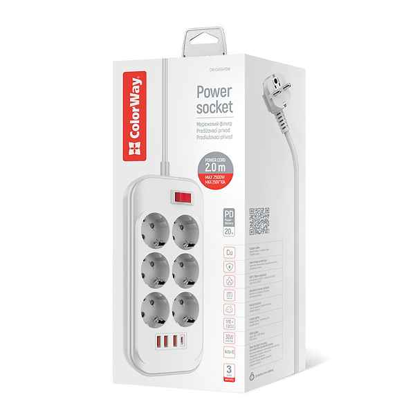 Фото - Сетевой фильтр Colorway 6 роз. Type-C PD20W + 3xUSB QC3.0 White 2m (CW-CHE64PDW)