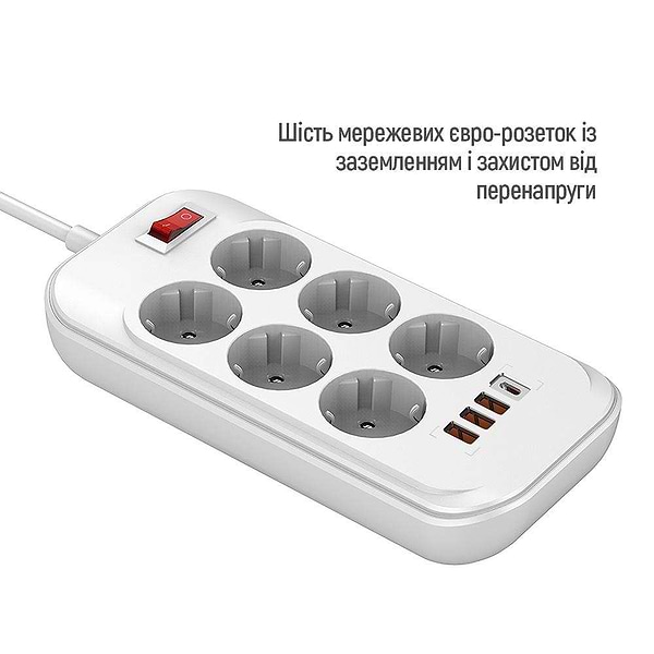 Фото - Сетевой фильтр Colorway 6 роз. Type-C PD20W + 3xUSB QC3.0 White 2m (CW-CHE64PDW)