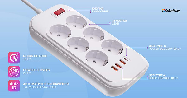 Фото - Сетевой фильтр Colorway 6 роз. Type-C PD20W + 3xUSB QC3.0 White 2m (CW-CHE64PDW)