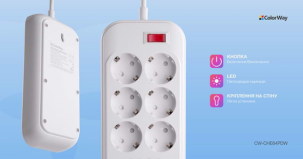 Фото - Сетевой фильтр Colorway 6 роз. Type-C PD20W + 3xUSB QC3.0 White 2m (CW-CHE64PDW)