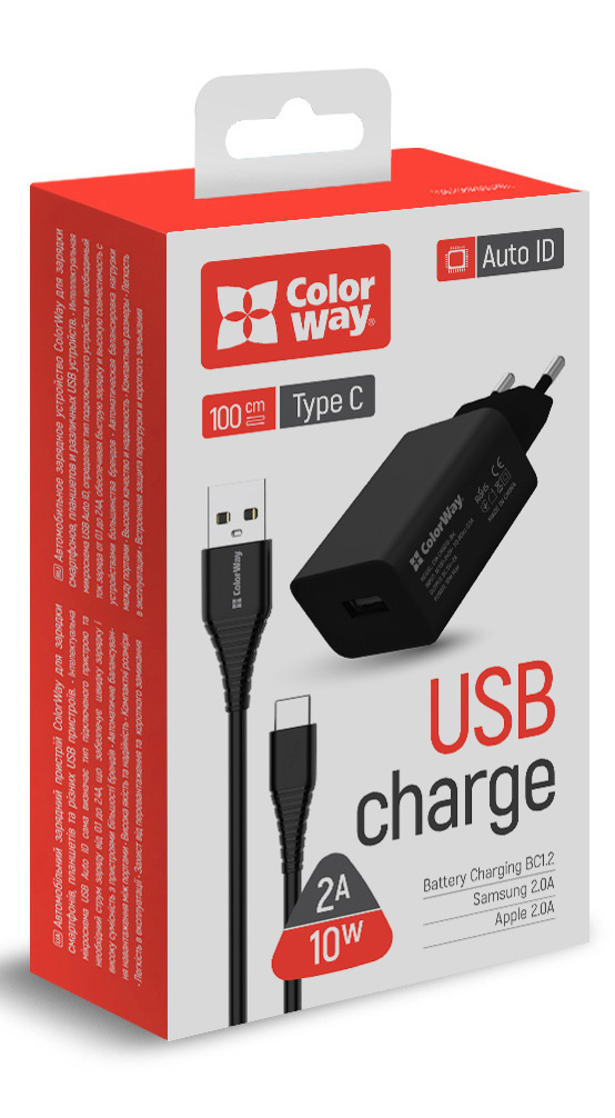 Фото - Мережевий зарядний пристрій Colorway 1USB AUTO ID 2A 10W Black+ cable Type C (CW-CHS012CC-BK)