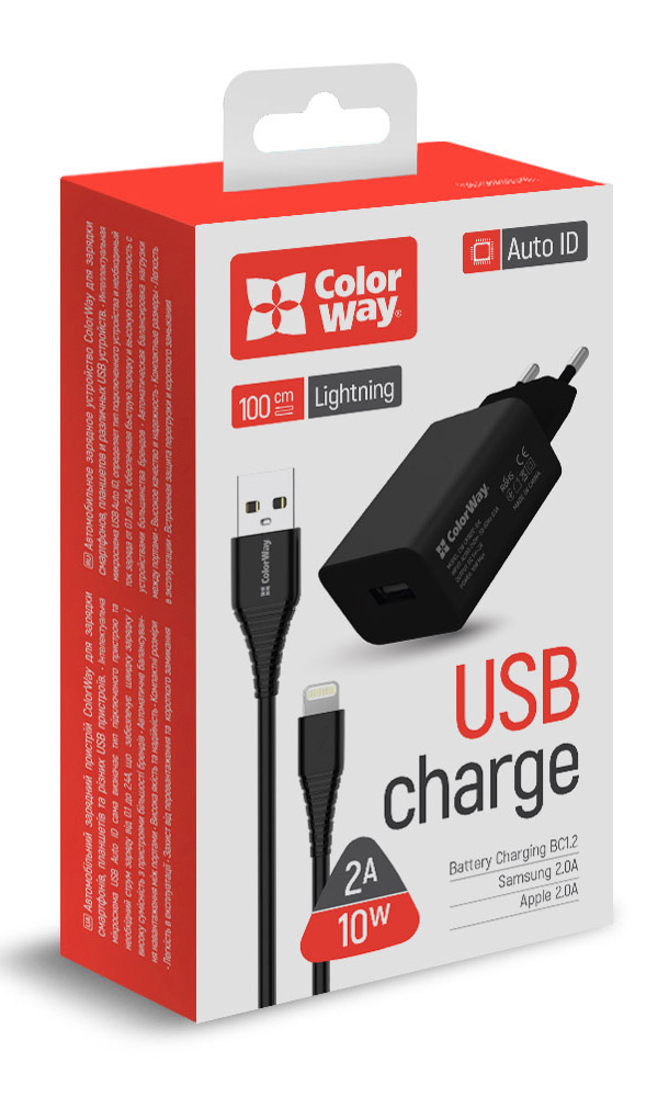 Фото - Мережевий зарядний пристрій Colorway 1USB AUTO ID 2A 10W Black+ cable Lightning (CW-CHS012CL-BK)