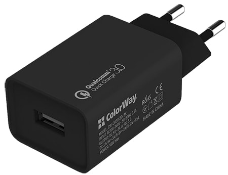 Мережевий зарядний пристрій Colorway 1USB Quick Charge 3.0 (18W) Black (CW-CHS013Q-BK) - Фото 1