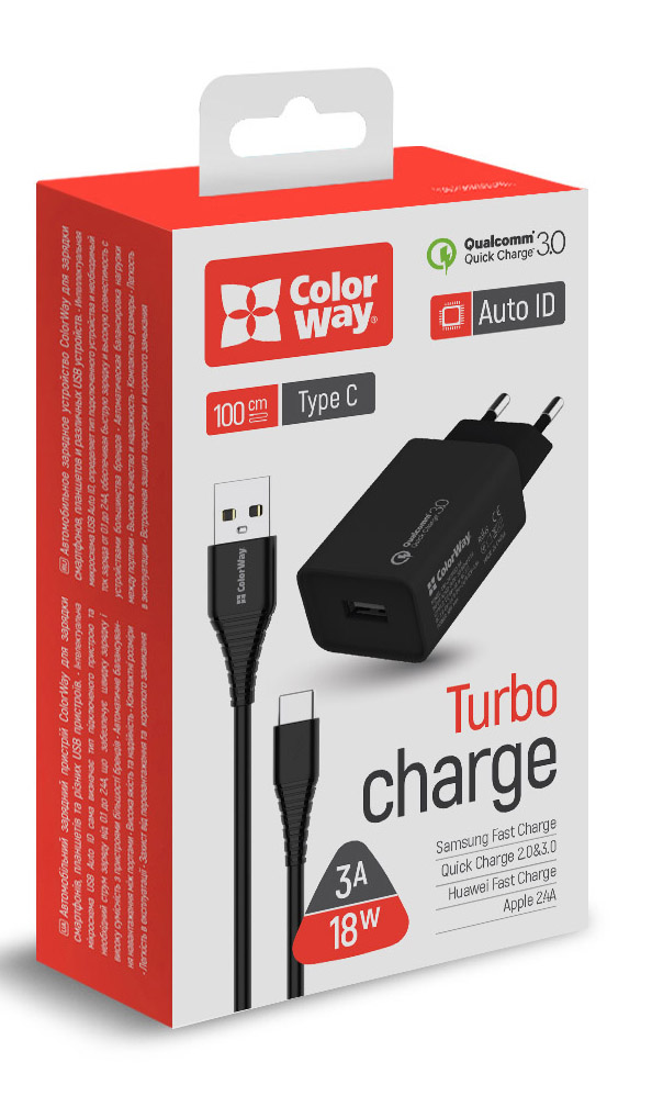 Фото - Мережевий зарядний пристрій Colorway 1USB Quick Charge 3.0 18W Black+ cable Type C (CW-CHS013QCC-BK)