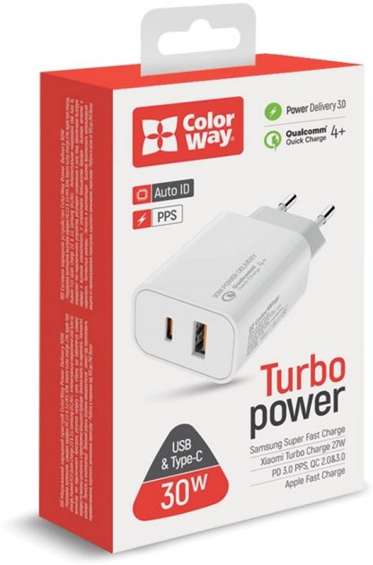 Фото - Мережевий зарядний пристрій Colorway Power Delivery Port PPS Type-C PD + USB QC3.0 White (CW-CHS037PD-WT)