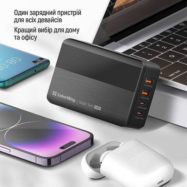 Фото - Мережевий зарядний пристрій Colorway Power Delivery GaN (2USB-A + 2USB TYPE-C) (100W) Black (CW-CHS041PD-BK)