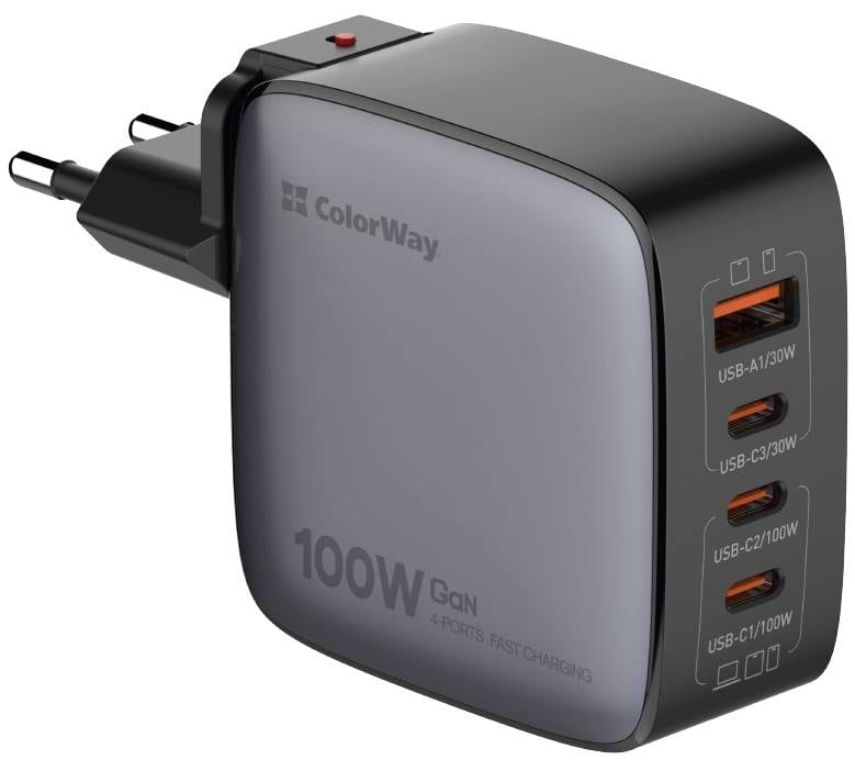 Мережевий зарядний пристрій Colorway Power Delivery GaN USB-A + 3USB TYPE-C 100W (CW-CHS047PD-BK) - Фото 1