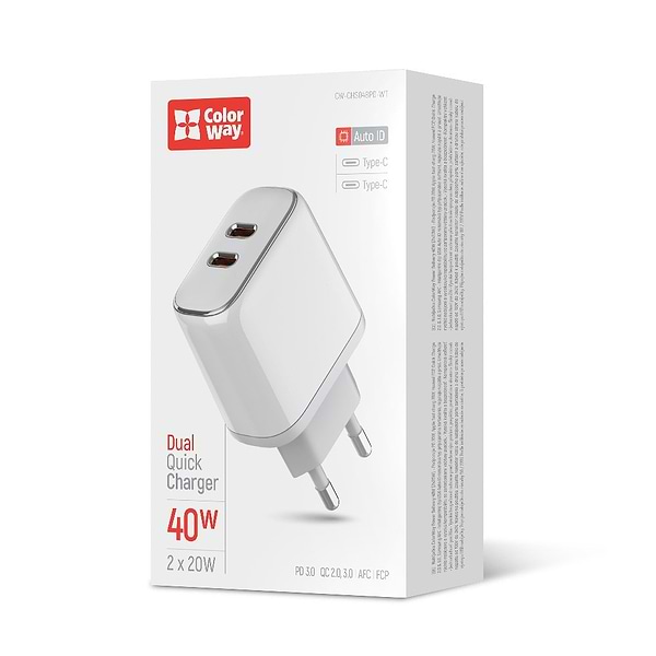 Фото - Автомобільний зарядний пристрій Colorway Power Delivery Port PPS USB (Type-C PD + Type-C PD) 40W White (CW-CHS048PD-WT)