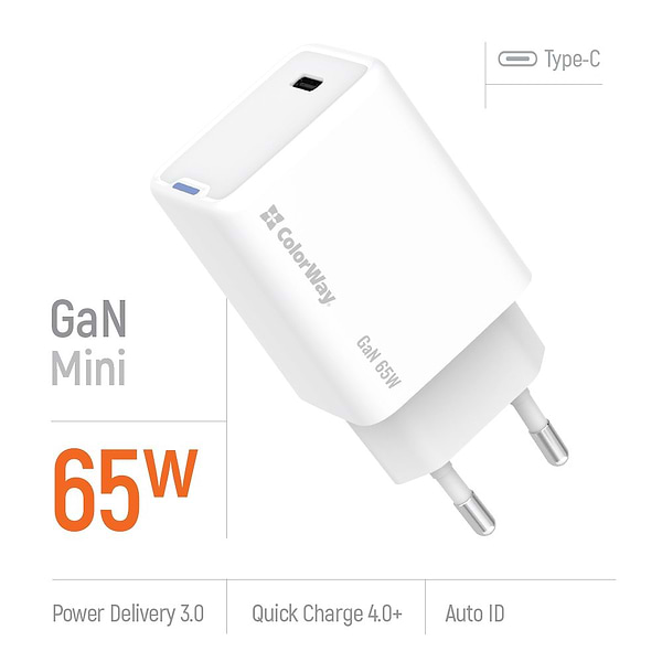 Фото - Мережевий зарядний пристрій Colorway GaN Mini 65W PD Port PPS USB-C White (CW-CHS049PD-WT)