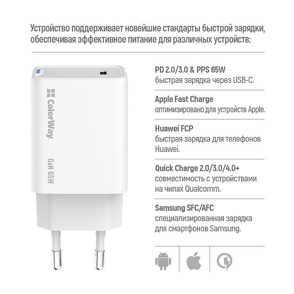 Фото - Мережевий зарядний пристрій Colorway GaN Mini 65W PD Port PPS USB-C White (CW-CHS049PD-WT)