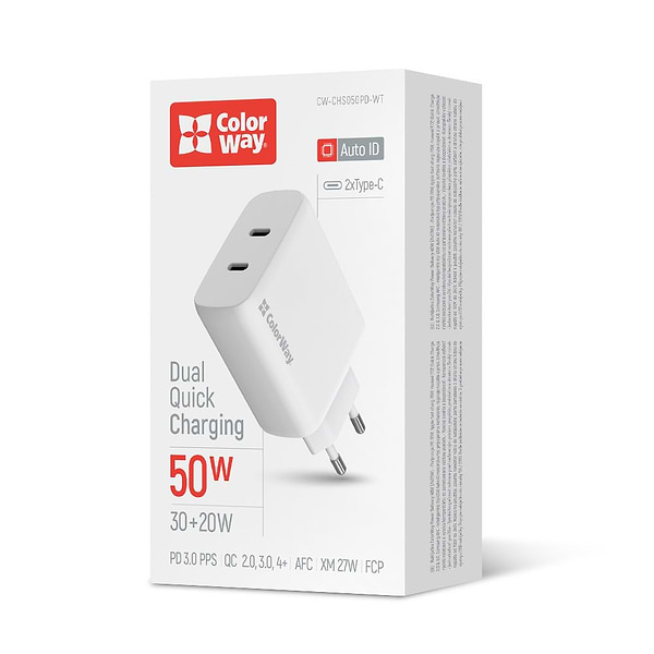 Фото - Уценка - Сетевое зарядное устройство Colorway GaN Mini 50W PD Port PPS USB (Type-C PD 30W + Type-C PD 20W) White (CW-CHS050PD-WT)