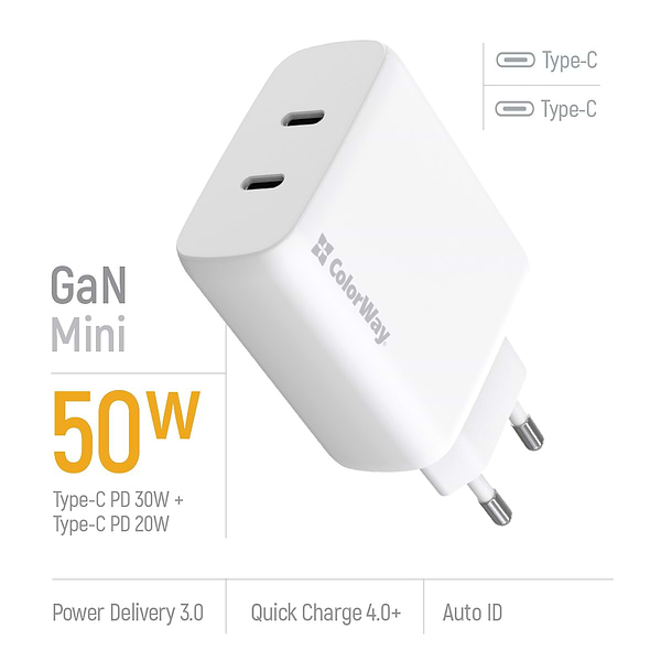 Фото - Уценка - Сетевое зарядное устройство Colorway GaN Mini 50W PD Port PPS USB (Type-C PD 30W + Type-C PD 20W) White (CW-CHS050PD-WT)