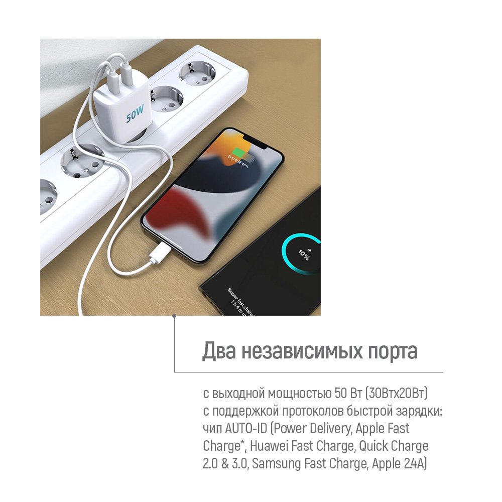 Фото - Уценка - Сетевое зарядное устройство Colorway GaN Mini 50W PD Port PPS USB (Type-C PD 30W + Type-C PD 20W) White (CW-CHS050PD-WT)