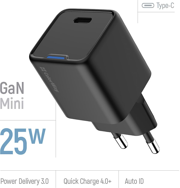 Фото - Уцінка - Мережевий зарядний пристрій Colorway GaN Mini 25W PD Port PPS USB-C Black (CW-CHS052PD-BK)