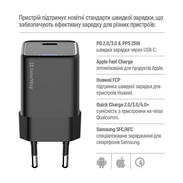 Фото - Уцінка - Мережевий зарядний пристрій Colorway GaN Mini 25W PD Port PPS USB-C Black (CW-CHS052PD-BK)
