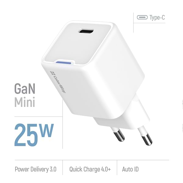 Фото - Сетевое зарядное устройство Colorway GaN Mini 25W PD Port PPS USB-C White (CW-CHS052PD-WT)