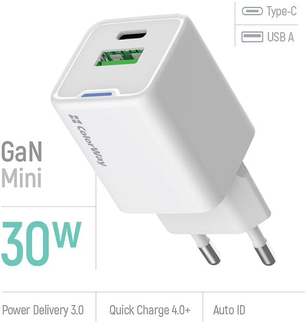 Фото - Мережевий зарядний пристрій Colorway GaN Mini 30W PD Port PPS USB White (CW-CHS053PD-WT)