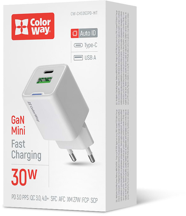 Фото - Мережевий зарядний пристрій Colorway GaN Mini 30W PD Port PPS USB White (CW-CHS053PD-WT)