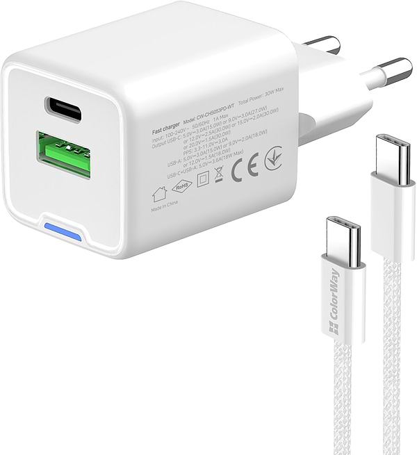 Фото - Мережевий зарядний пристрій Colorway GaN Mini 30W PD Port PPS USB cable Type-C (CW-CHS053PDC-WT)