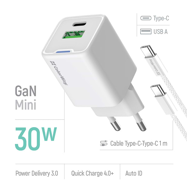 Фото - Мережевий зарядний пристрій Colorway GaN Mini 30W PD Port PPS USB cable Type-C (CW-CHS053PDC-WT)