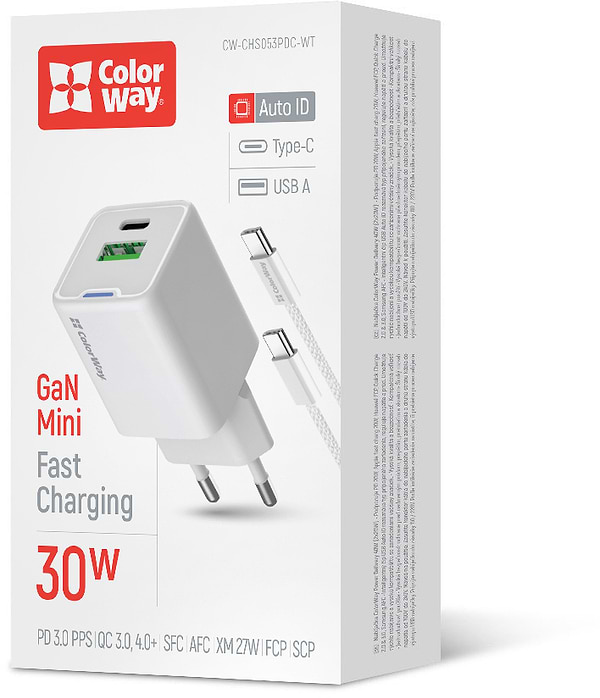 Фото - Мережевий зарядний пристрій Colorway GaN Mini 30W PD Port PPS USB cable Type-C (CW-CHS053PDC-WT)