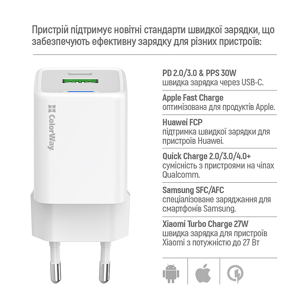 Фото - Мережевий зарядний пристрій Colorway GaN Mini 30W PD Port PPS USB cable Type-C (CW-CHS053PDC-WT)