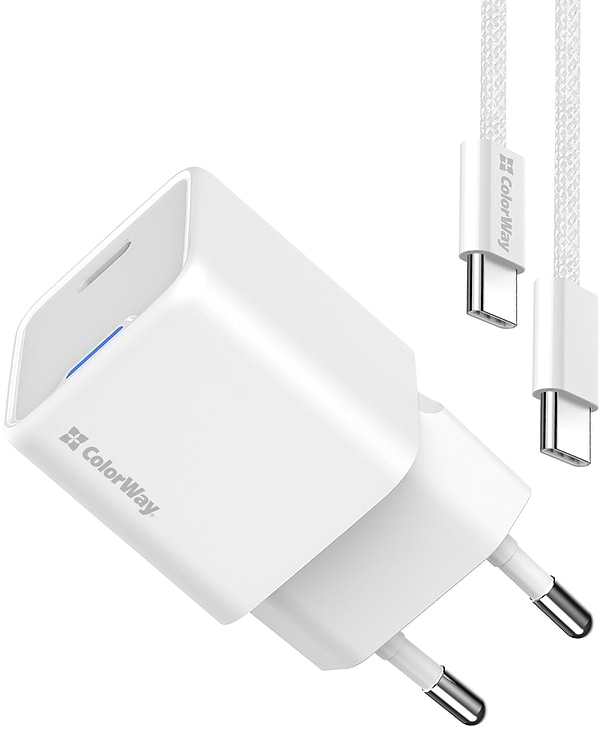 Фото - Мережевий зарядний пристрій Colorway GaN Mini 30W PD Port PPS USB-C White + cable Type-C (CW-CHS054PDC-WT)