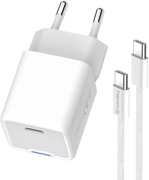 Фото - Мережевий зарядний пристрій Colorway GaN Mini 30W PD Port PPS USB-C White + cable Type-C (CW-CHS054PDC-WT)