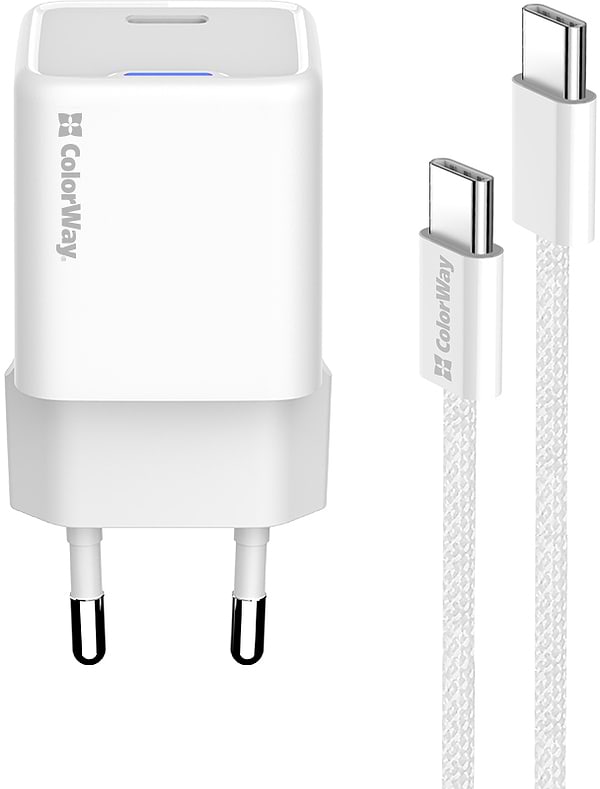 Фото - Мережевий зарядний пристрій Colorway GaN Mini 30W PD Port PPS USB-C White + cable Type-C (CW-CHS054PDC-WT)