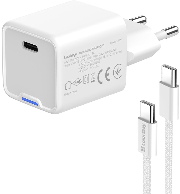 Фото - Мережевий зарядний пристрій Colorway GaN Mini 30W PD Port PPS USB-C White + cable Type-C (CW-CHS054PDC-WT)