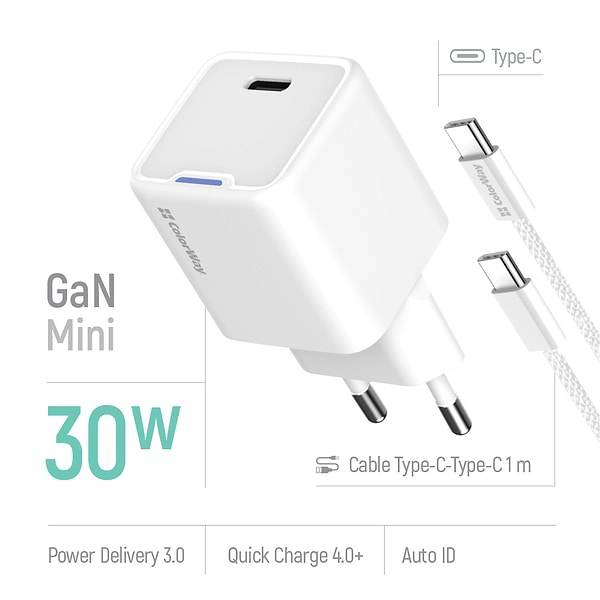 Фото - Мережевий зарядний пристрій Colorway GaN Mini 30W PD Port PPS USB-C White + cable Type-C (CW-CHS054PDC-WT)