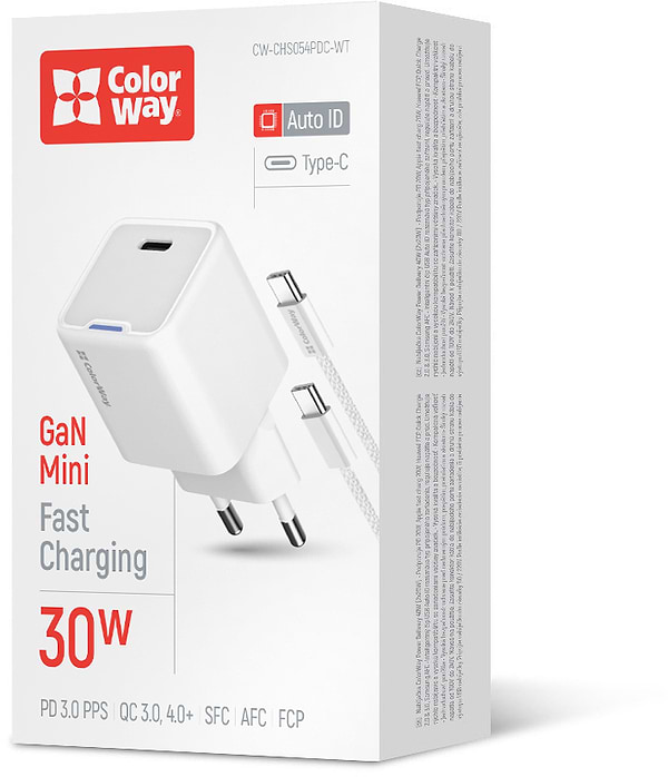 Фото - Мережевий зарядний пристрій Colorway GaN Mini 30W PD Port PPS USB-C White + cable Type-C (CW-CHS054PDC-WT)
