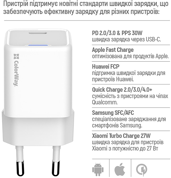 Фото - Мережевий зарядний пристрій Colorway GaN Mini 30W PD Port PPS USB-C White + cable Type-C (CW-CHS054PDC-WT)