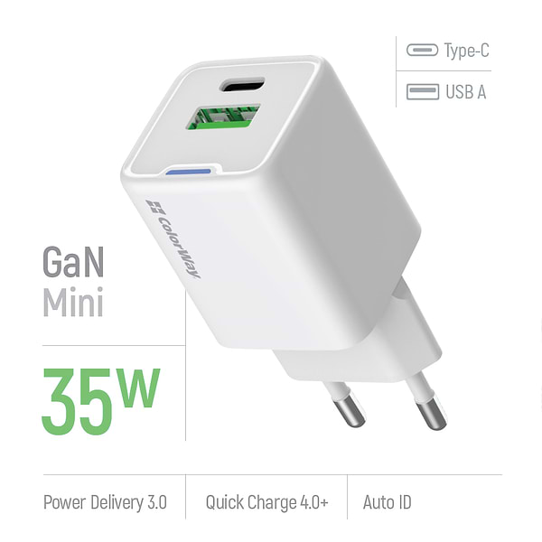 Фото - Мережевий зарядний пристрій Colorway GaN Mini 35W PD Port PPS USB White (CW-CHS055PD-WT)