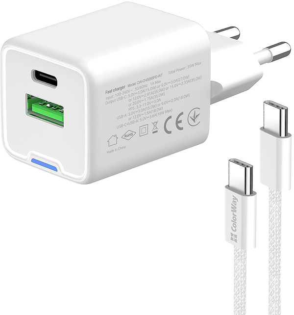 Фото - Мережевий зарядний пристрій Colorway GaN Mini 35W PD Port PPS USB cable Type-C (CW-CHS055PDC-WT)