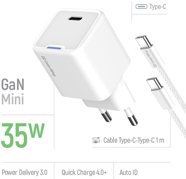 Фото - Мережевий зарядний пристрій Colorway GaN Mini 35W PD Port PPS USB-C White cable Type-C (CW-CHS056PDC-WT)