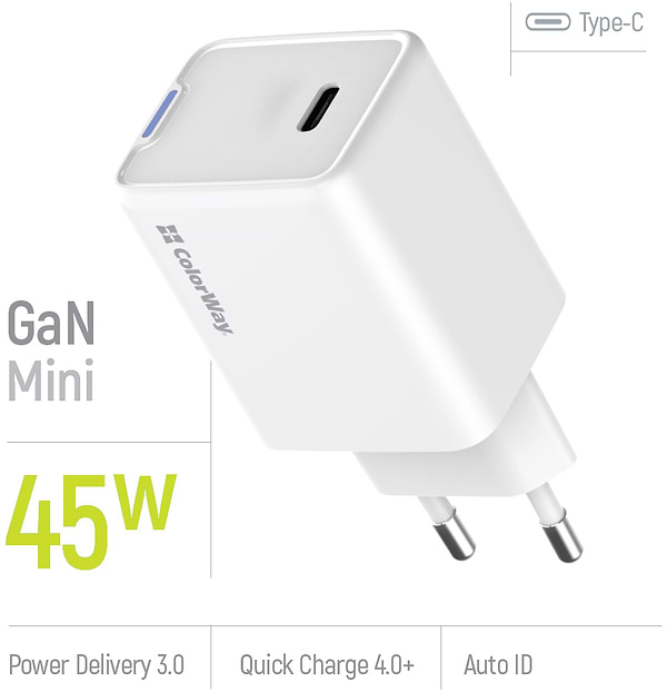 Фото - Мережевий зарядний пристрій Colorway GaN Mini 45W PD Port PPS USB-C White (CW-CHS057PD-WT)