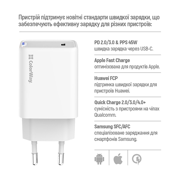 Фото - Мережевий зарядний пристрій Colorway GaN Mini 45W PD Port PPS USB-C White (CW-CHS057PD-WT)