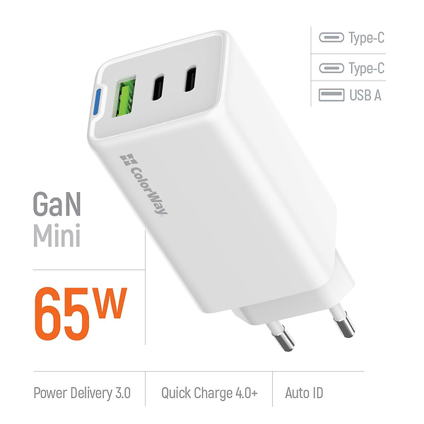 Фото - Сетевое зарядное устройство Colorway GaN Mini 65W PD Port PPS USB White (CW-CHS058PD-WT)