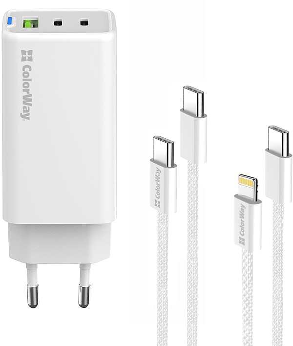 Фото - Сетевое зарядное устройство Colorway GaN Mini 65W PD Port PPS USB cable Type-C&Lightning (CW-CHS058PDCL-WT)