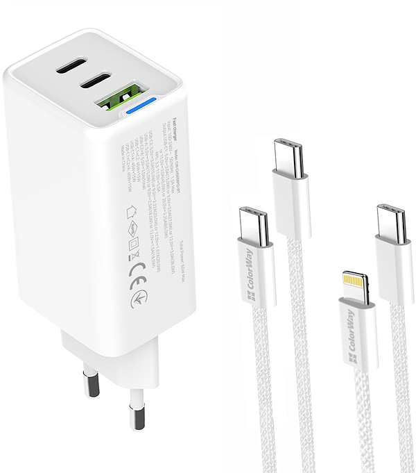 Фото - Сетевое зарядное устройство Colorway GaN Mini 65W PD Port PPS USB cable Type-C&Lightning (CW-CHS058PDCL-WT)