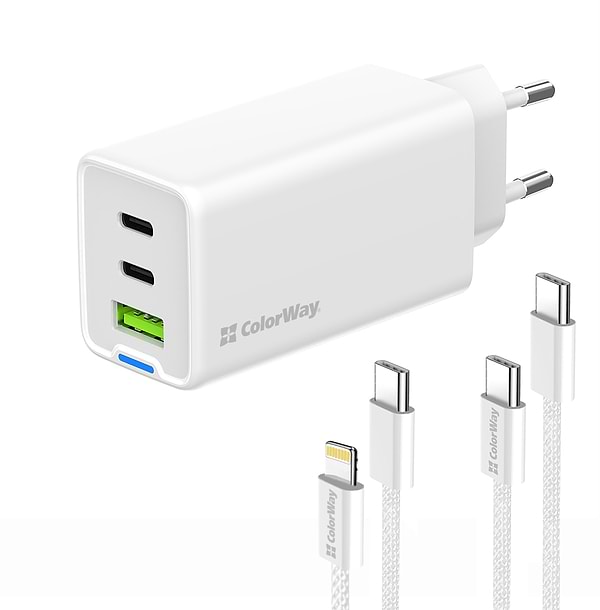 Фото - Сетевое зарядное устройство Colorway GaN Mini 65W PD Port PPS USB cable Type-C&Lightning (CW-CHS058PDCL-WT)