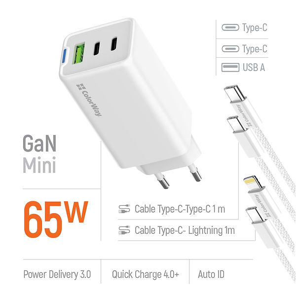 Фото - Сетевое зарядное устройство Colorway GaN Mini 65W PD Port PPS USB cable Type-C&Lightning (CW-CHS058PDCL-WT)