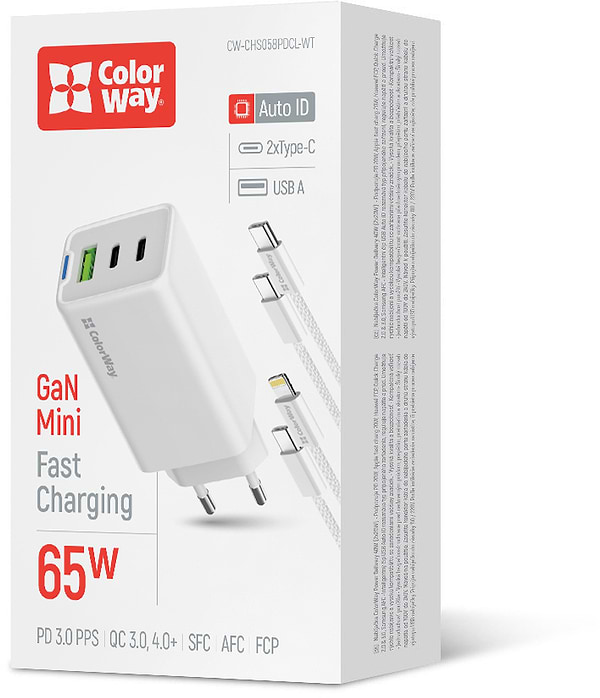 Фото - Сетевое зарядное устройство Colorway GaN Mini 65W PD Port PPS USB cable Type-C&Lightning (CW-CHS058PDCL-WT)
